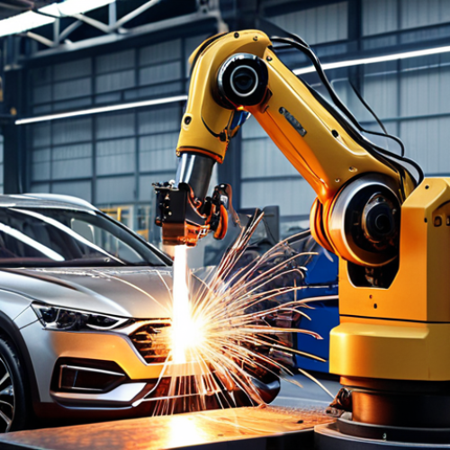 Home 4 **
A robotic arm welding a car part in an automotive assembly line, showcasing precision and automation, with sparks flying and a clean, modern factory environment.
**