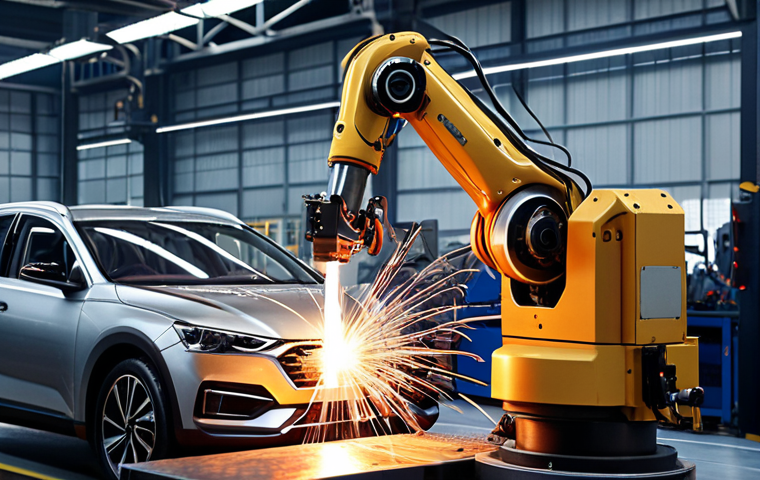 **

A robotic arm welding a car part in an automotive assembly line, showcasing precision and automation, with sparks flying and a clean, modern factory environment.

**