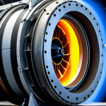 A highly detailed close-up of a cutting-edge high-temperature ceramic matrix composite (CMC) turbine blade, glowing with intense heat from within a futuristic jet engine's combustion chamber. The material demonstrates exceptional resilience against extreme temperatures, with intricate internal cooling channels visible. The scene emphasizes advanced engineering, durability, and efficiency. Professional photography, sharp focus, dramatic lighting, high quality, safe for work, appropriate content, fully clothed, professional.