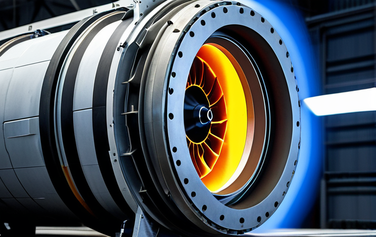 A highly detailed close-up of a cutting-edge high-temperature ceramic matrix composite (CMC) turbine blade, glowing with intense heat from within a futuristic jet engine's combustion chamber. The material demonstrates exceptional resilience against extreme temperatures, with intricate internal cooling channels visible. The scene emphasizes advanced engineering, durability, and efficiency. Professional photography, sharp focus, dramatic lighting, high quality, safe for work, appropriate content, fully clothed, professional.
