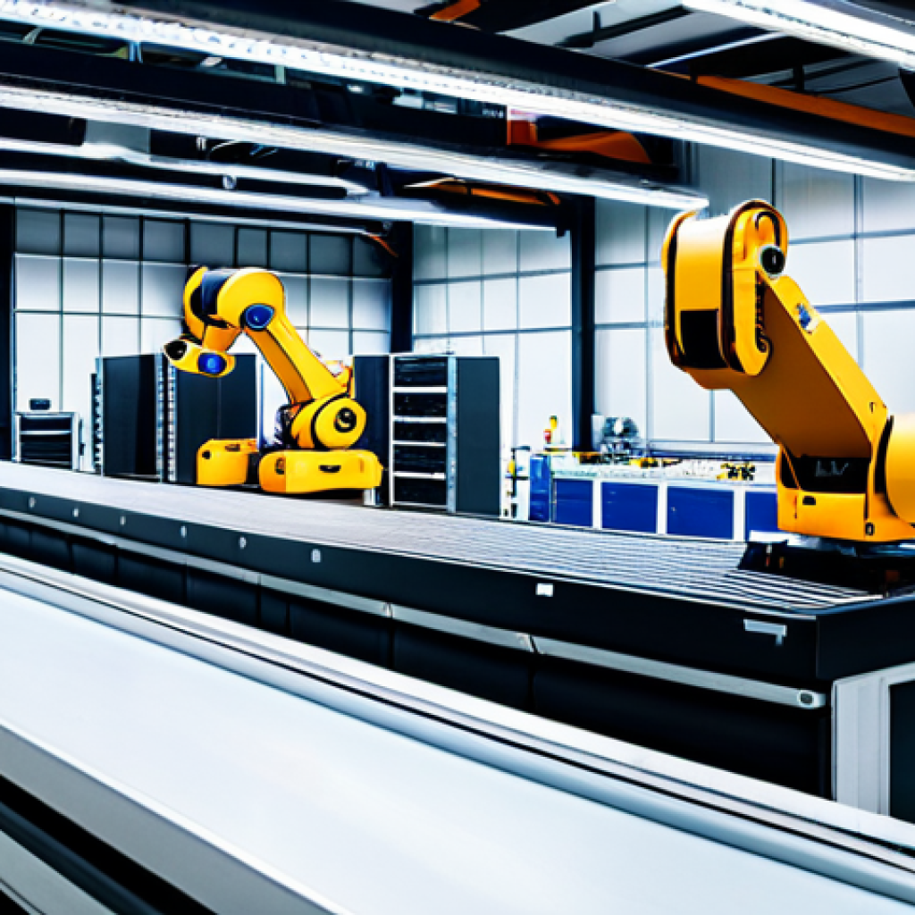 기계공학 자동화시스템설계 - **Prompt:** A brightly lit, modern smart factory interior with robotic arms assembling products on a...