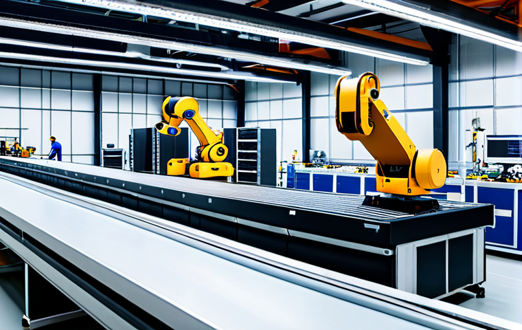 기계공학 자동화시스템설계 - **Prompt:** A brightly lit, modern smart factory interior with robotic arms assembling products on a...