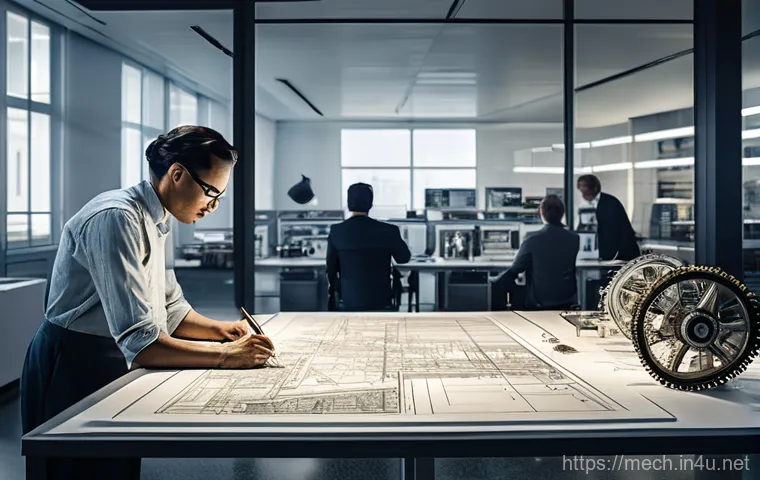 기계공학 기계부품설계 - **Evolution of Mechanical Design: From Blueprint to Digital**. A panoramic view of an engineering of...