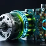 기계공학 서보시스템 - A highly detailed, futuristic close-up of an intricate servo system, featuring a core servo motor wi...