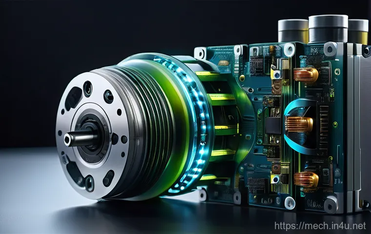 기계공학 서보시스템 - A highly detailed, futuristic close-up of an intricate servo system, featuring a core servo motor wi...