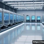 기계공학 제조공정 - A gleaming, futuristic smart factory interior bathed in soft, diffused light. High-tech robotic arms...
