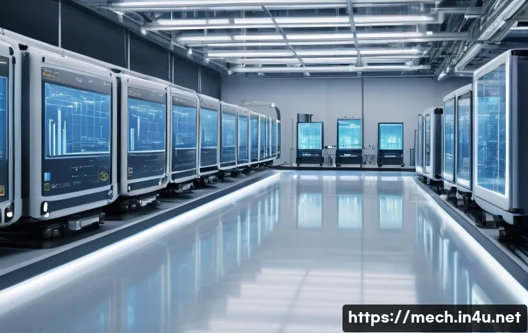 기계공학 제조공정 - A gleaming, futuristic smart factory interior bathed in soft, diffused light. High-tech robotic arms...