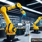 기계공학 스마트팩토리 - A highly detailed, futuristic smart factory interior showcasing advanced robotic arms and collaborat...