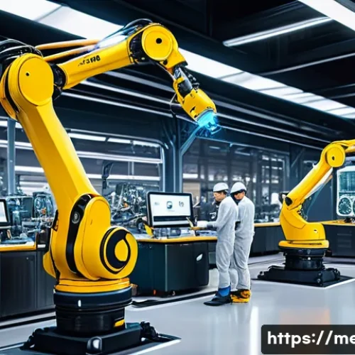 기계공학 스마트팩토리 - A highly detailed, futuristic smart factory interior showcasing advanced robotic arms and collaborat...