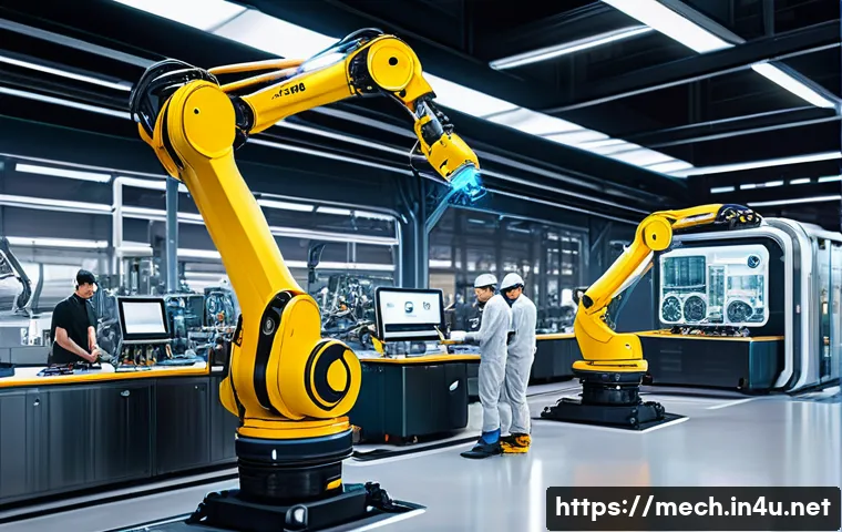 기계공학 스마트팩토리 - A highly detailed, futuristic smart factory interior showcasing advanced robotic arms and collaborat...