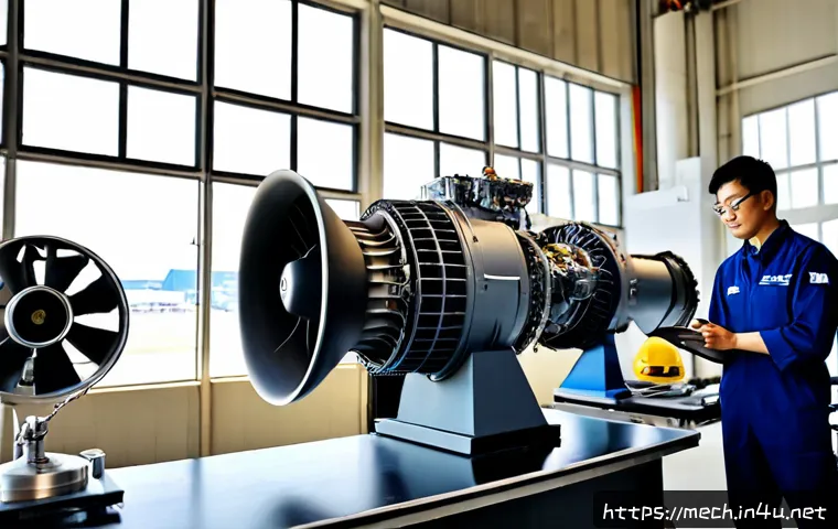 Home 17 기계공학 항공기엔진설계 - Photorealistic aerospace engineering workspace, a detailed aircraft turbofan engine cutaway model on...