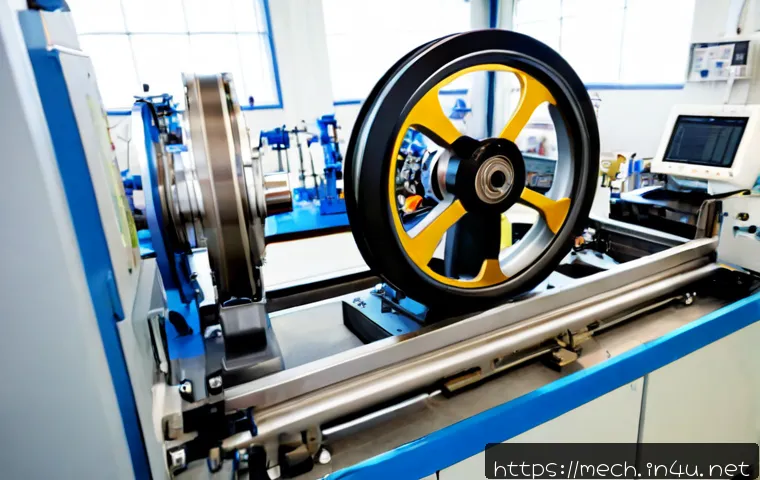 기계공학 기계동력학 - Photorealistic mechanical engineering dynamics laboratory, a precision metal flywheel spinning on a ...